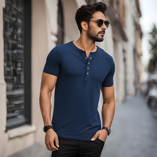 Classic Comfort- Men's Henley Blue T-Shirt